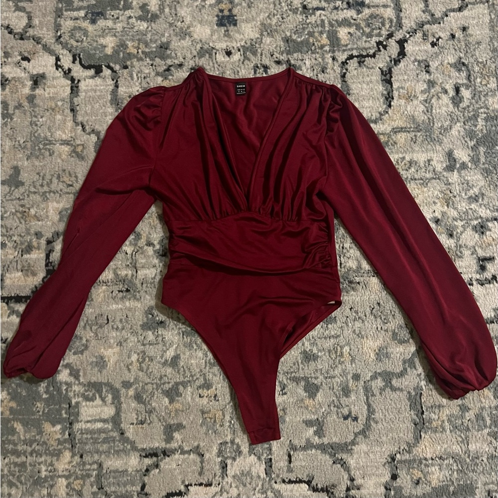SHEIN Ruched Plunging Neck Lantern Sleeve Bodysuit